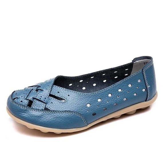 New Womens Blue Leather Breathable Support Flat Shoe / Toe Sandal Size 8.5 - 9 W - Picture 1 of 9